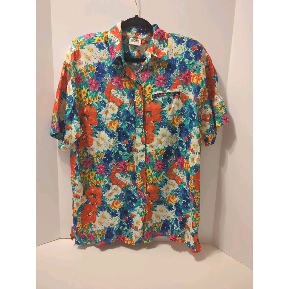 VTG Susina Floral short Sleeve Blouse Hawaiian 80's Medium vibrant tropical